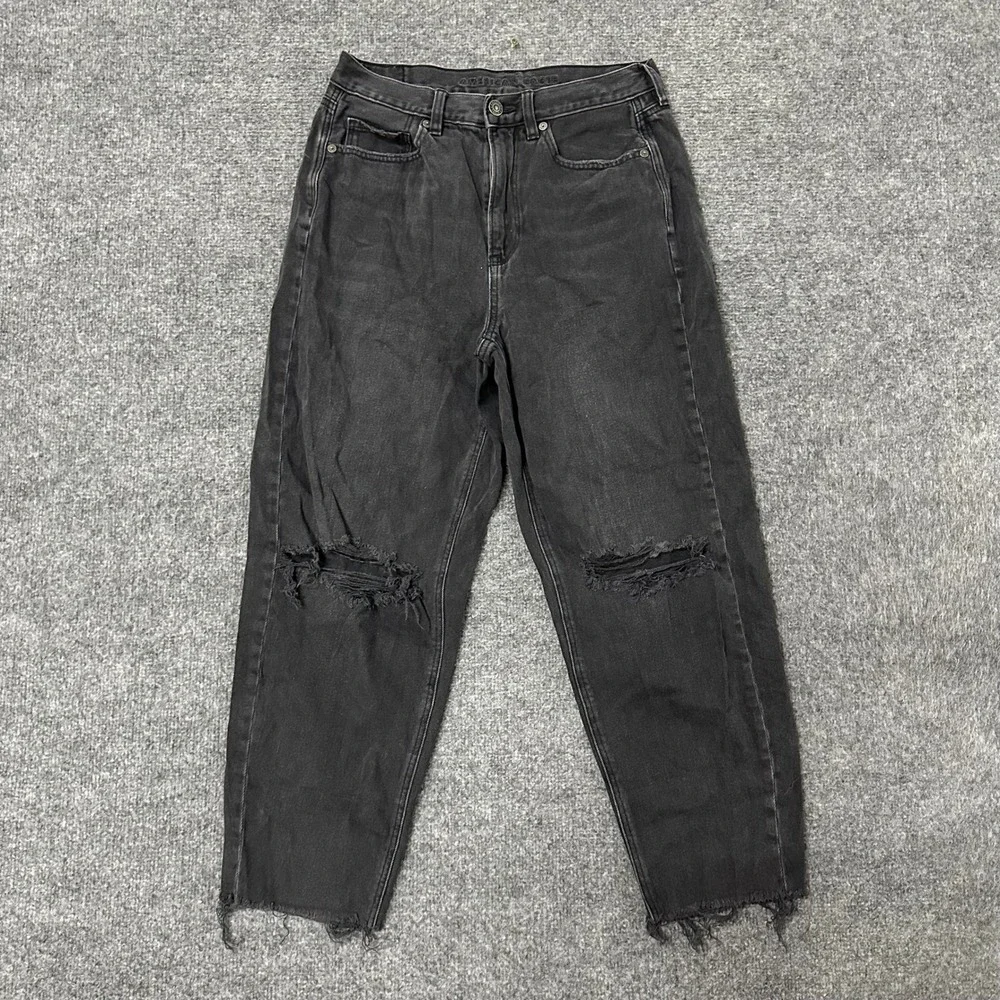 American Eagle Jeans Womens Size 6 Short Black Mom Distressed Ripped Knee Raw